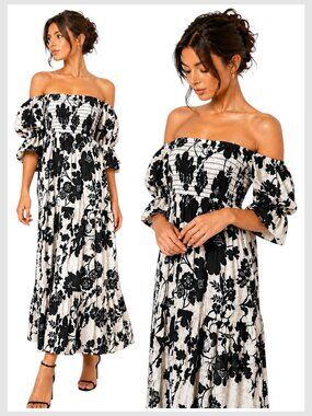 MISA Los Angeles Margarita Midi Dress Black White Floral Smocked Size M